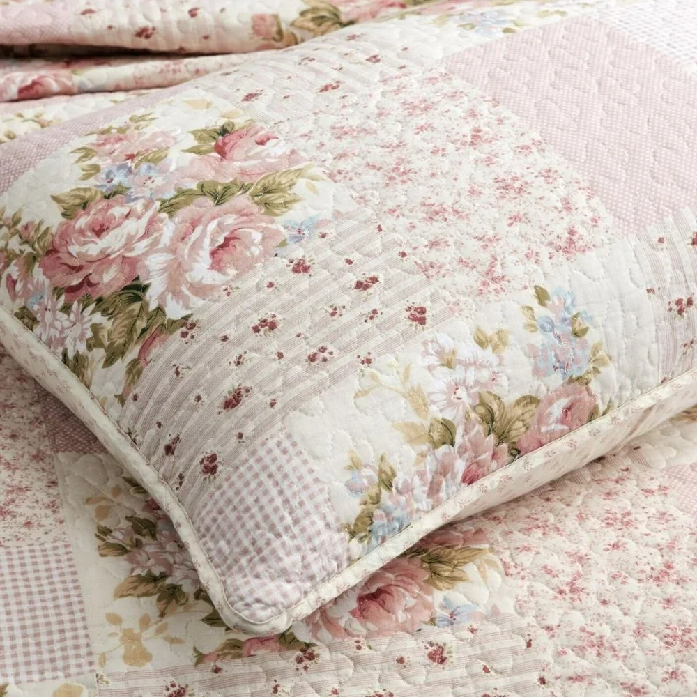 ⭐🌟⭐ Pre-Washed Cotton Quilt Set - Rosy Pink Chic Floral Bedding Coverlet
